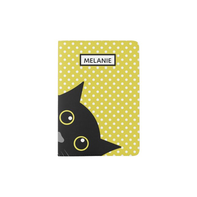 Curious Black Cat Yellow Polka Dot Personalised Passport Holder (Front)