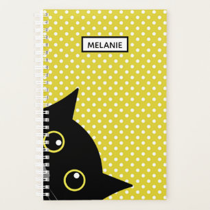 Curious Black Cat Yellow Polka Dot Personalised Planner
