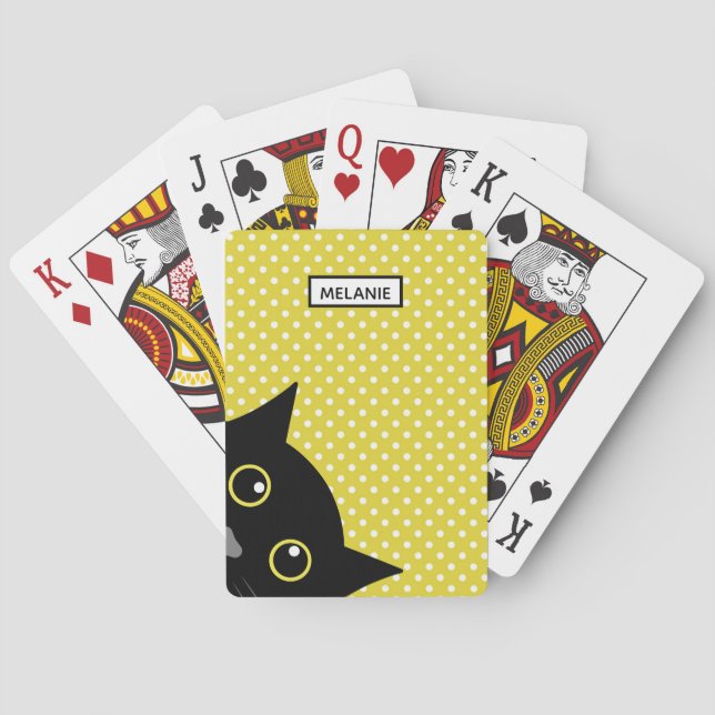Curious Black Cat Yellow Polka Dot Personalised Poker Cards (Back)