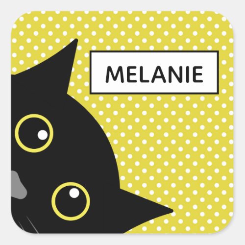 Curious Black Cat Yellow Polka Dot Personalised Square Sticker