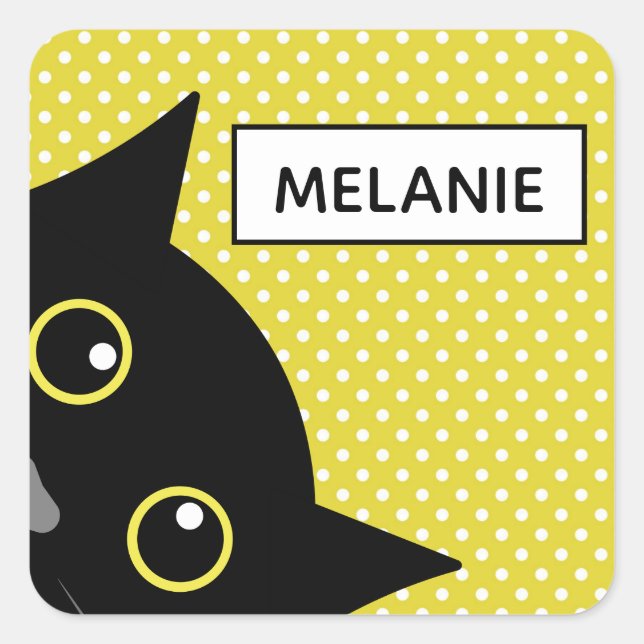 Curious Black Cat Yellow Polka Dot Personalised Square Sticker (Front)