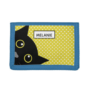 Curious Black Cat Yellow Polka Dot Personalised Trifold Wallet