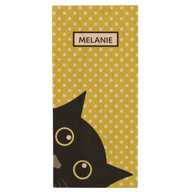 Curious Black Cat Yellow Polka Dot Personalised Wood Flash Drive (Front Vertical)
