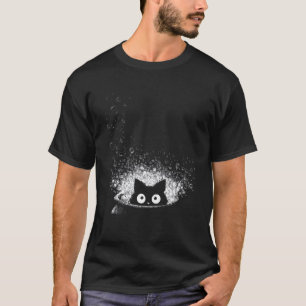 Curious Black Cute Cat Peeking Cauldron Halloween T-Shirt