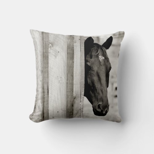 Curious Black Horse Throw Pillow