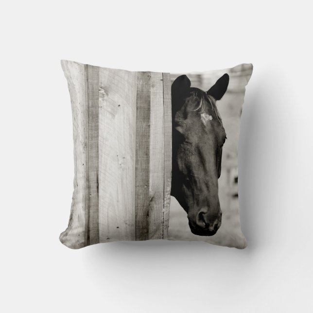 Curious Black Horse Throw Pillow (Front)