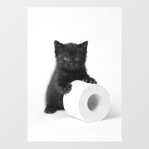 Curious Black Kitten Guarding Toilet Paper Roll On Window Cling