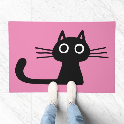 Curious Black Kitty Cat _ Purrfect Pink Doormat