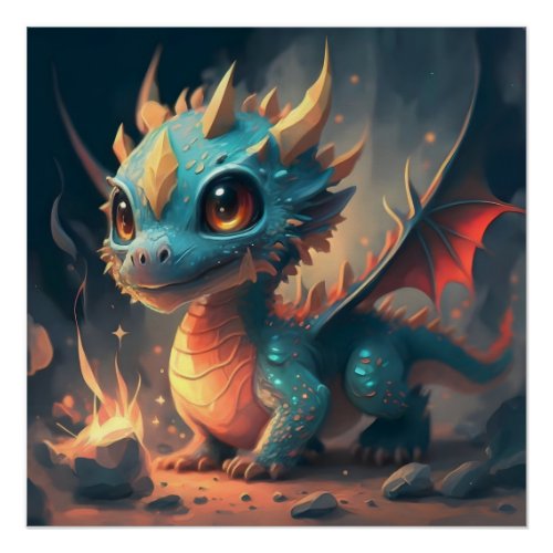 Curious Blue Chibi Dragon Poster