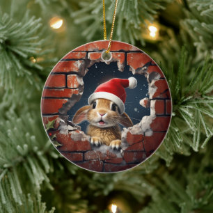 Curious Bunny in Santa Hat - 3D Ceramic Ornament