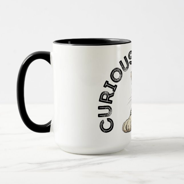Curious By Nature Punching Cat Design Mug (Left)