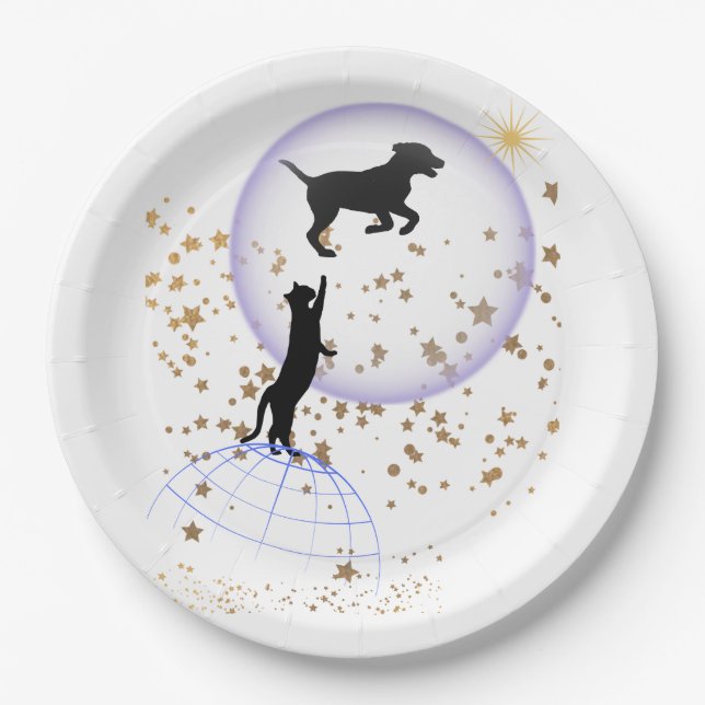 Curious cat and running dog paper plates (Front)