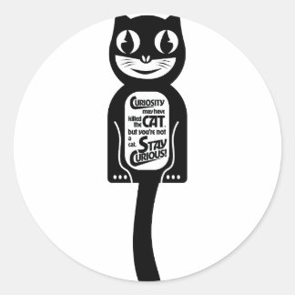 Curious Cat Black Classic Round Sticker