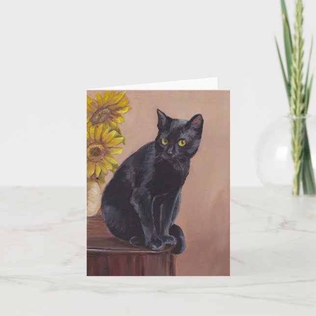 Curious Cat Black Kitty Art Note Card (Front)