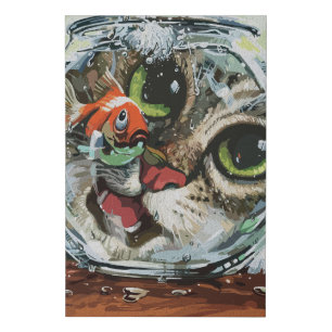 Curious Cat & Cautious Goldfish Faux Canvas Print