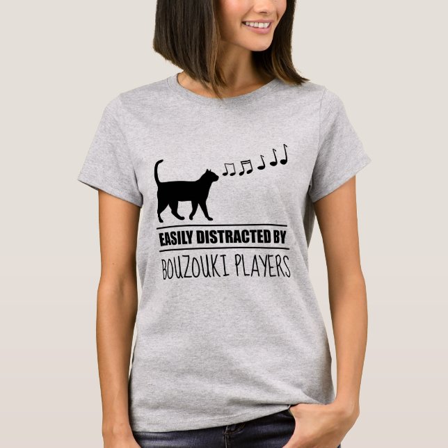 Curious Cat Easily Distracted by Bouzouki Players T-Shirt (Front)