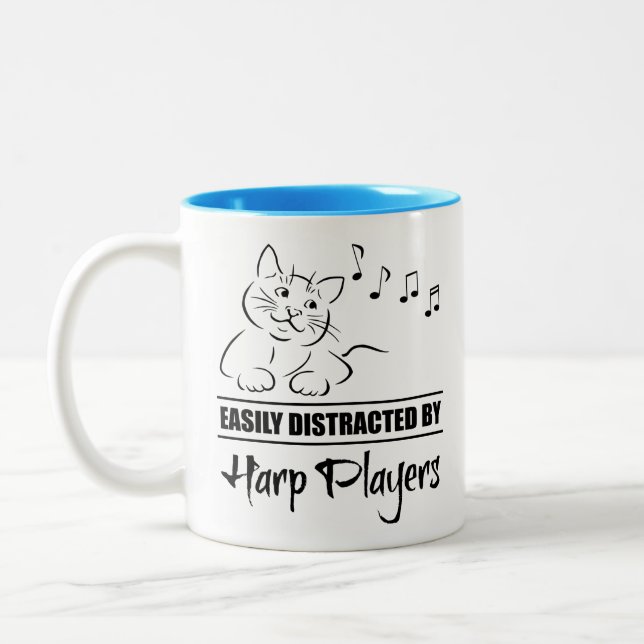 Curious Cat Easily Distracted by Harp Players Two-Tone Coffee Mug (Left)
