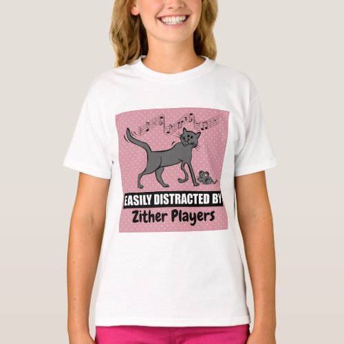 Curious Cat Easily Distracted by Zither Players Music Notes Basic T-Shirt