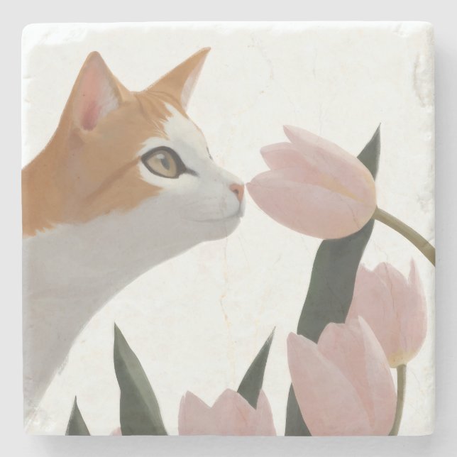 Curious Cat Spring Floral Stone Coaster (Front)