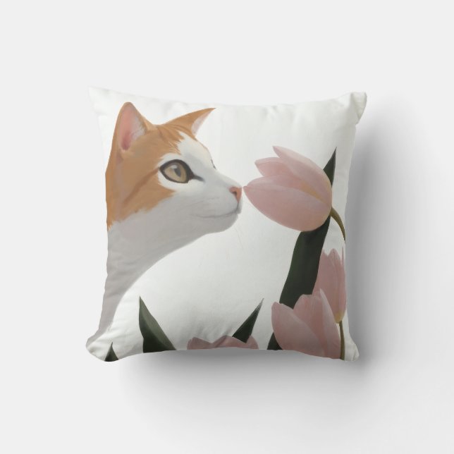 Curious Cat Spring Floral Throw Pillow (Front)