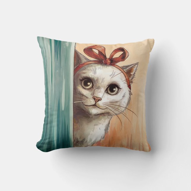 Curious Cat with Bow  Throw Pillow (Front)