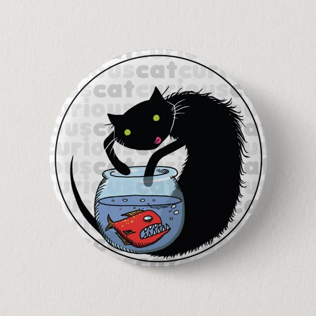 Curious Cat with Piranha Pinback Button (Front)