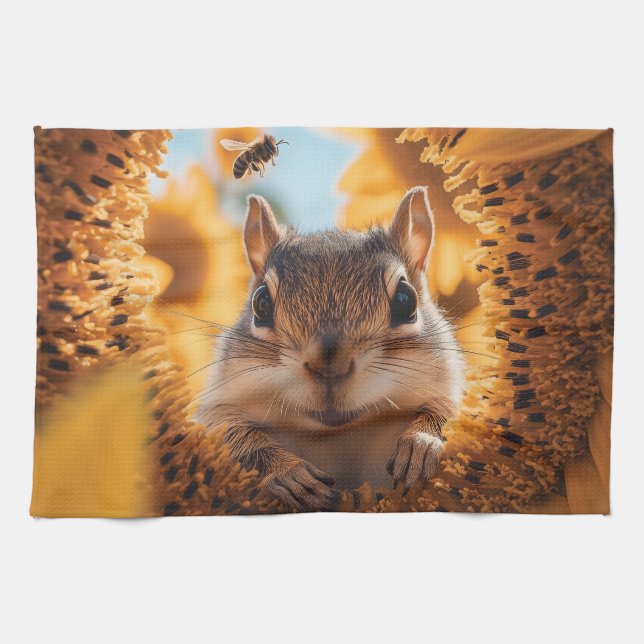 Curious Chipmunk Peeking Through Eaten Sunflower  Kitchen Towel (Horizontal)