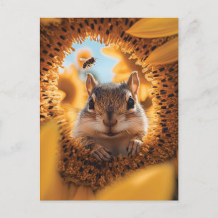 Curious Chipmunk Peeking Through Eaten Sunflower Postcard