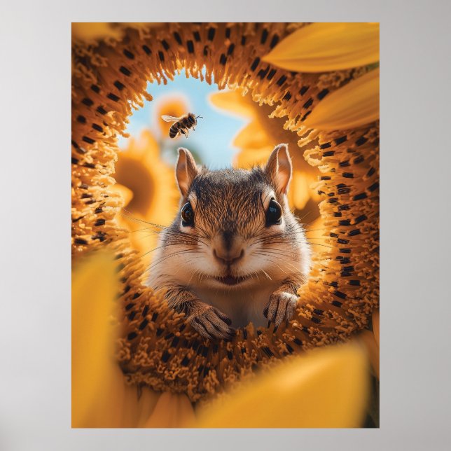 Curious Chipmunk Peeking Through Eaten Sunflower  Poster (Front)