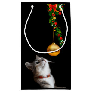Curious Christmas kitty cat Small Gift Bag