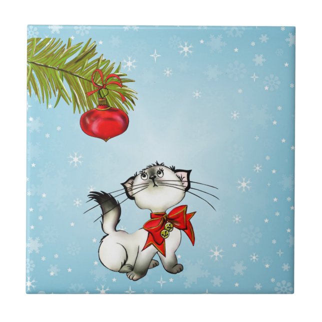 Curious Christmas Kitty With A Red Bow Ceramic Tile (Front)