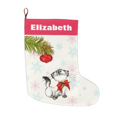 Curious Christmas Kitty With A Red Bow Custom Large Christmas Stocking