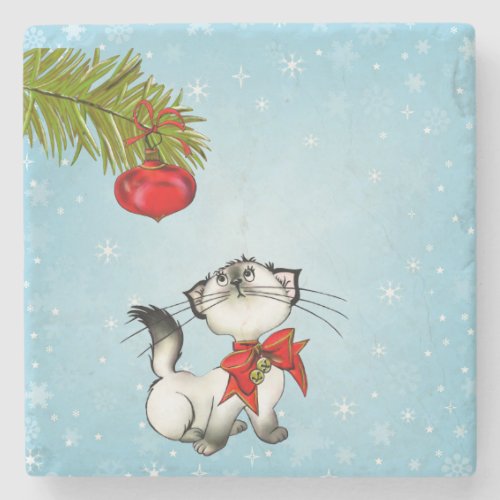 Curious Christmas Kitty With A Red Bow Stone Coaster