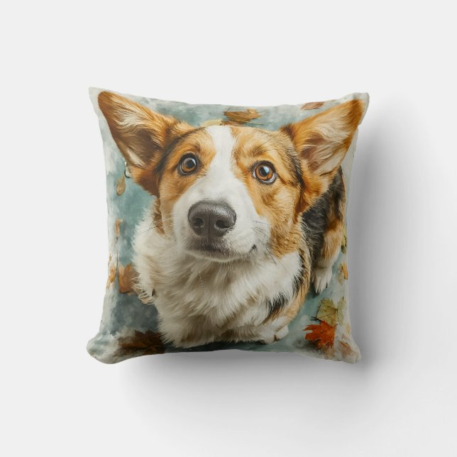Curious Corgi Autumn Gaze Throw Pillow (Front)