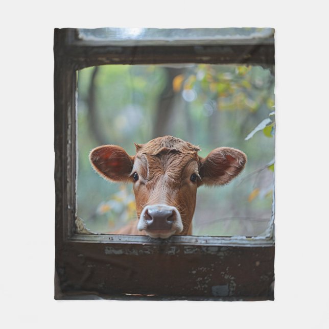 Curious Cow Looking Through a Window Fleece Blanket (Front)