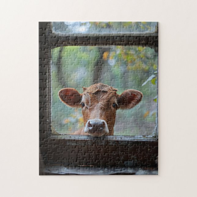 Curious Cow Looking Through a Window Jigsaw Puzzle (Vertical)