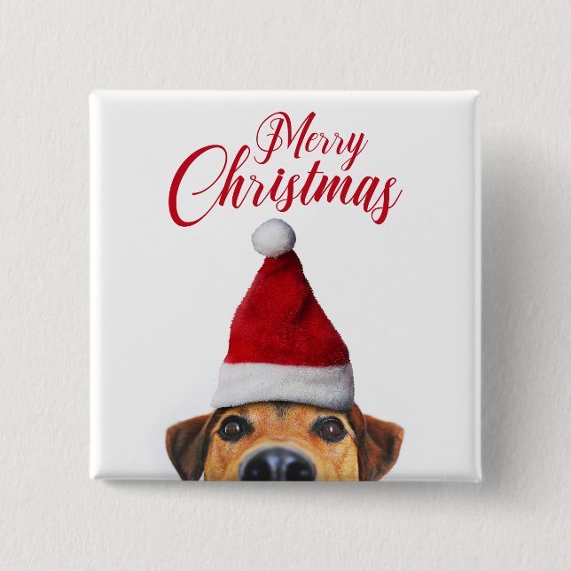 Curious Cute Funny Dog with Santa Hat Button (Front)