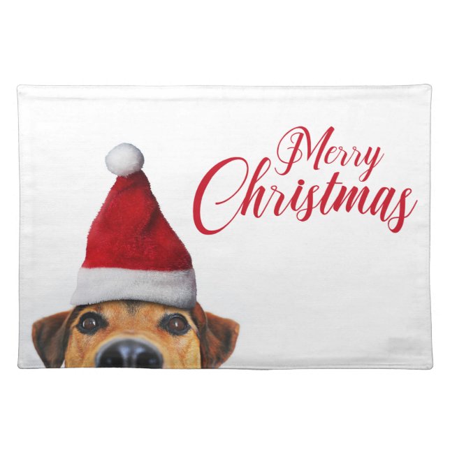 Curious Cute Funny Dog with Santa Hat Cloth Placemat (Front)
