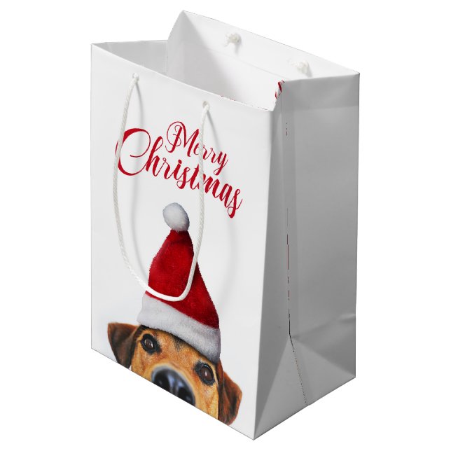 Curious Cute Funny Dog with Santa Hat Medium Gift Bag (Front Angled)