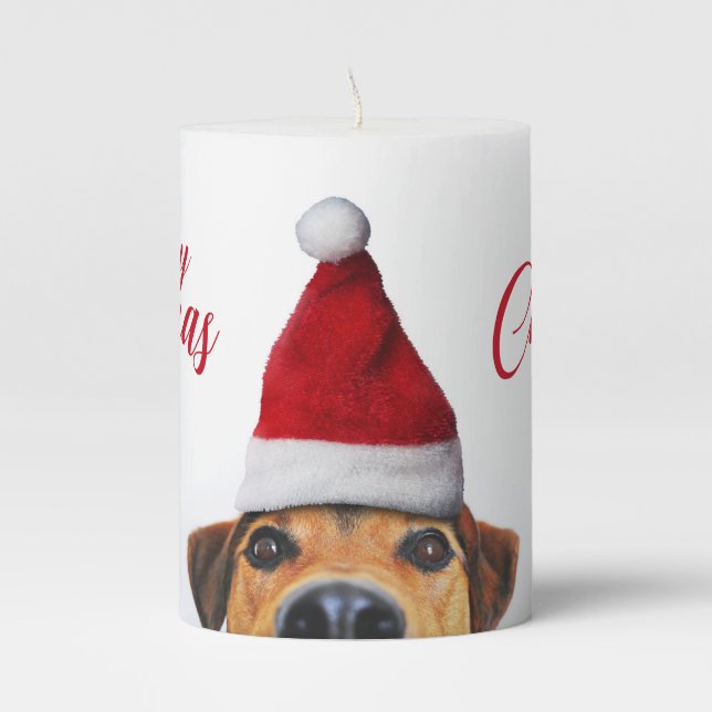 Curious Cute Funny Dog with Santa Hat Pillar Candle (Front)