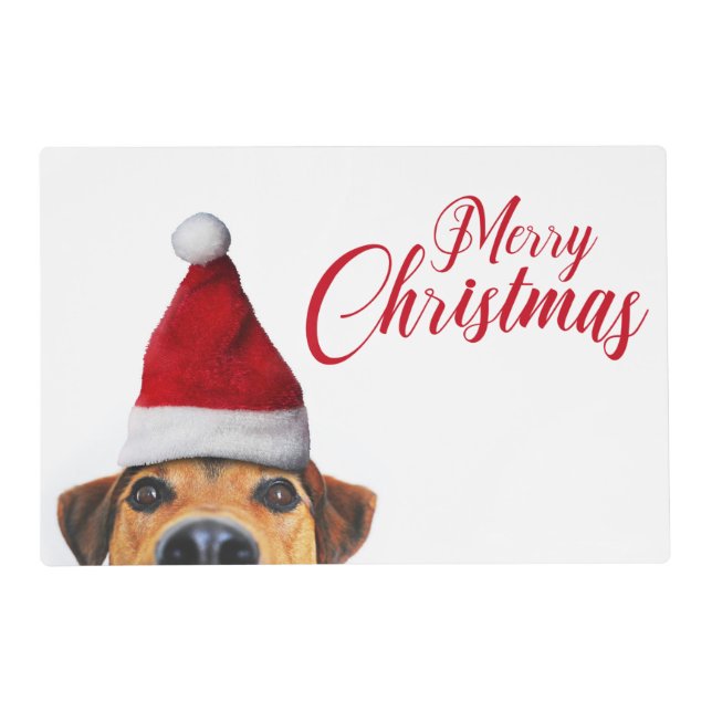 Curious Cute Funny Dog with Santa Hat Placemat (Front)