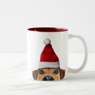 Curious Cute Funny Dog with Santa Hat Two-Tone Coffee Mug
