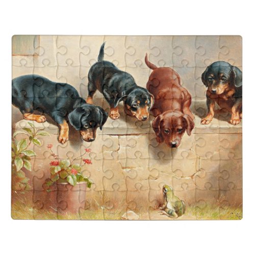 Curious Dachshund Puppies and a Frog Jigsaw Puzzle