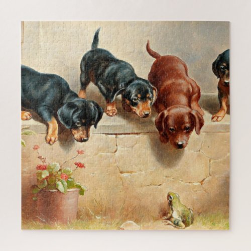 Curious Dachshund Puppies and a Frog painting Jigsaw Puzzle