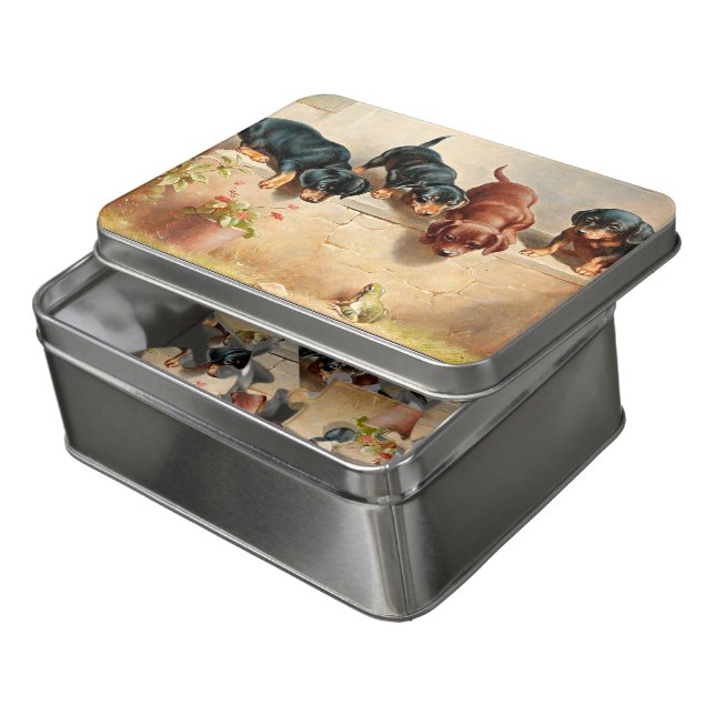 Curious Dachshund Puppies and Frog Jigsaw Puzzle (Lid Open)