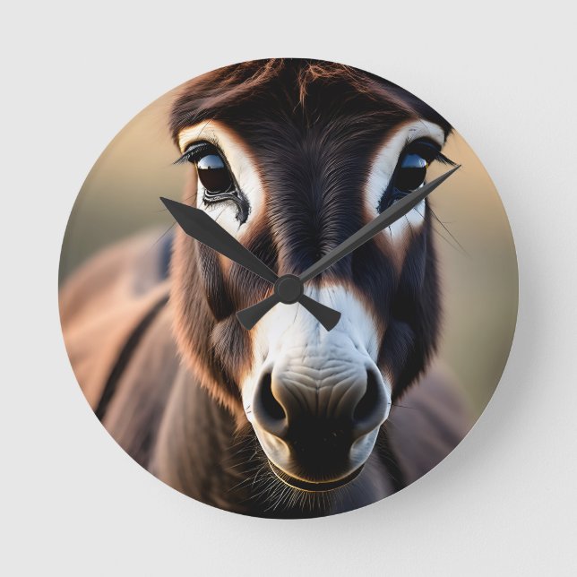 Curious Donkey Close Up Portrait Round Clock (Front)