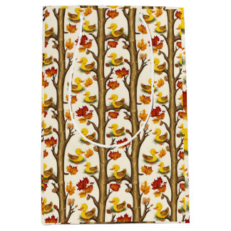 Curious Ducklings and Autumn Leaves Pattern Design Medium Gift Bag
