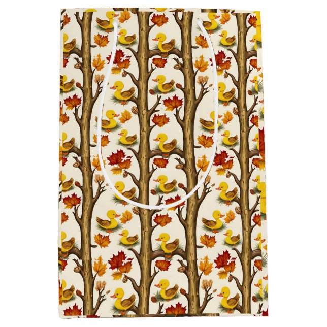 Curious Ducklings and Autumn Leaves Pattern Design Medium Gift Bag (Front)