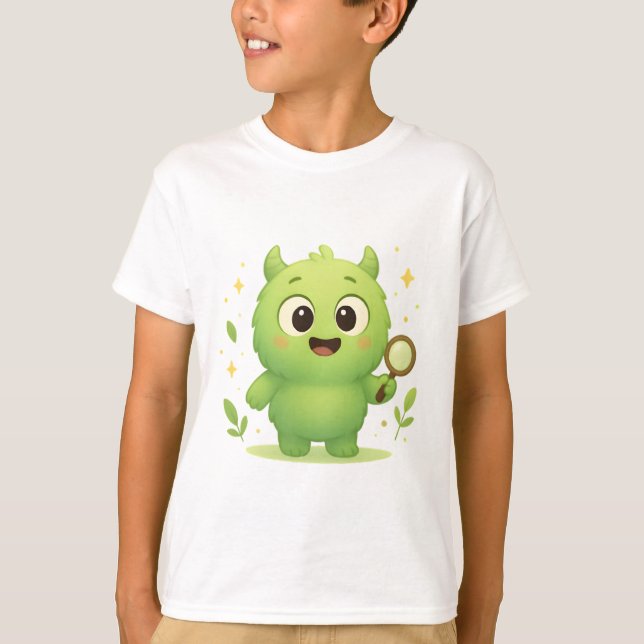 Curious Explorer Monster — Cute Green Kids Shirt (Front)