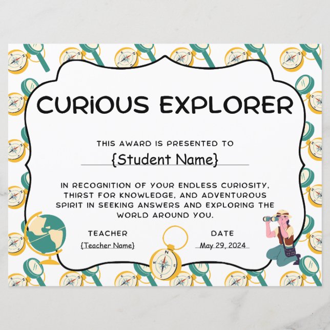 Curious Explorer Student Recognition Award (Front)